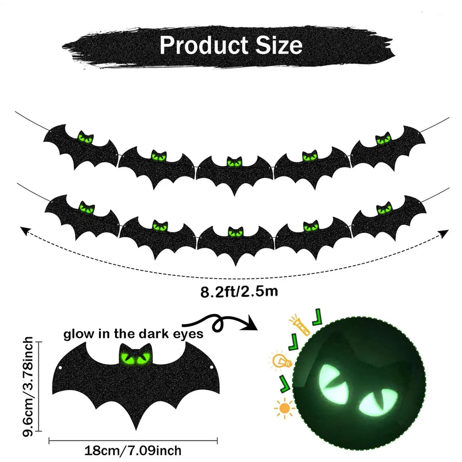 Halloween Bat Garland 8 2ft Festive Glitter Glowing Black Banner Qme