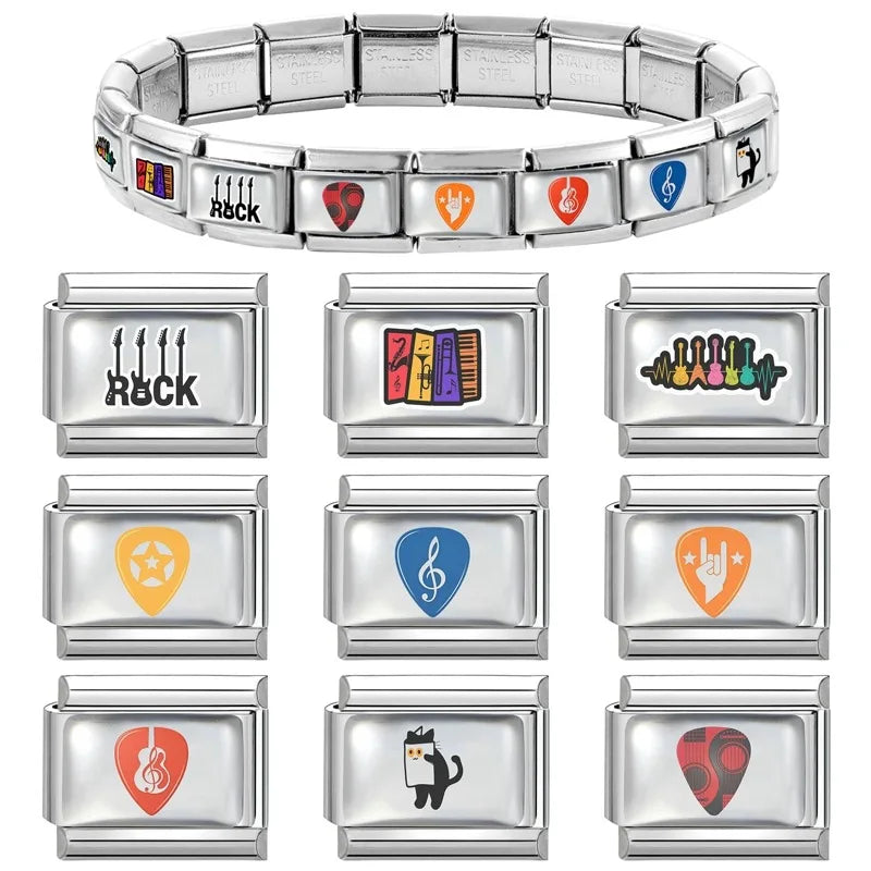 Women Musical Elements Note Guitar Electric Accordion Guitar Charm Italian Links Fit 9mm Stainless Steel Bracelet Making Jewelry Qme