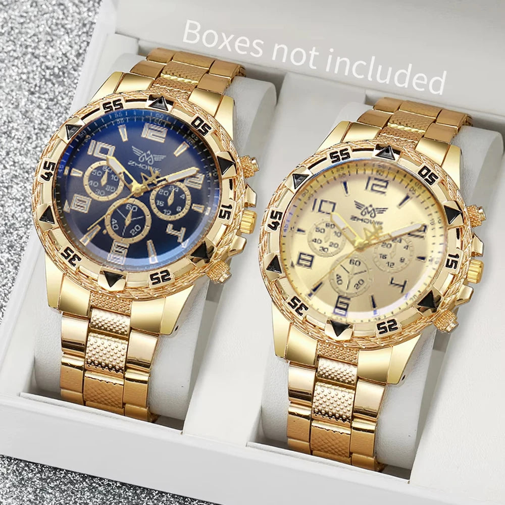 2pcs men's fake three eye casual steel band watch set Qme 2pcs gold color