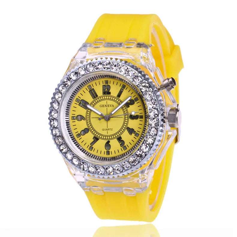 led Flash Luminous Watch Personality trends students lovers jellies woman men's watches 7 color light WristWatch bayan kol saati Qme yellow