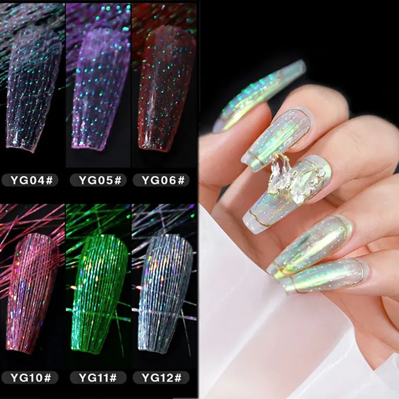 1 Bag Fluorescent Thread Nail Sticker Laser Glitter Mesh Net Line Tape Decals Holographic 3D Silk Foils Nail Art Decorations Qme