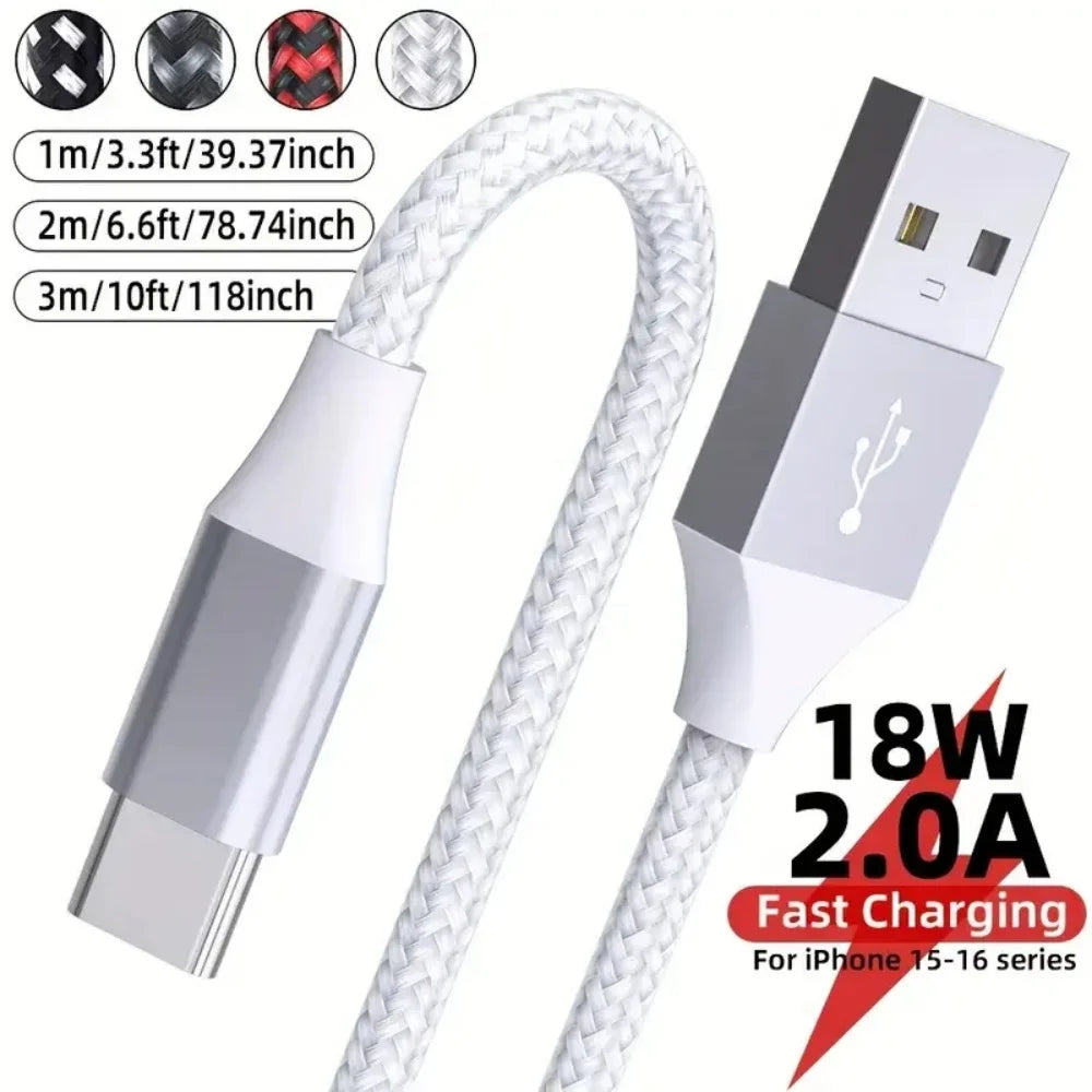 USB A to Type-C Cable Nylon Braided Cable 18W 480Mbps Compatible Fast Charging Cord 1m 2m 3m for iPhone 17 16 15 Galaxy S25 S24 Qme 1PC White 2m