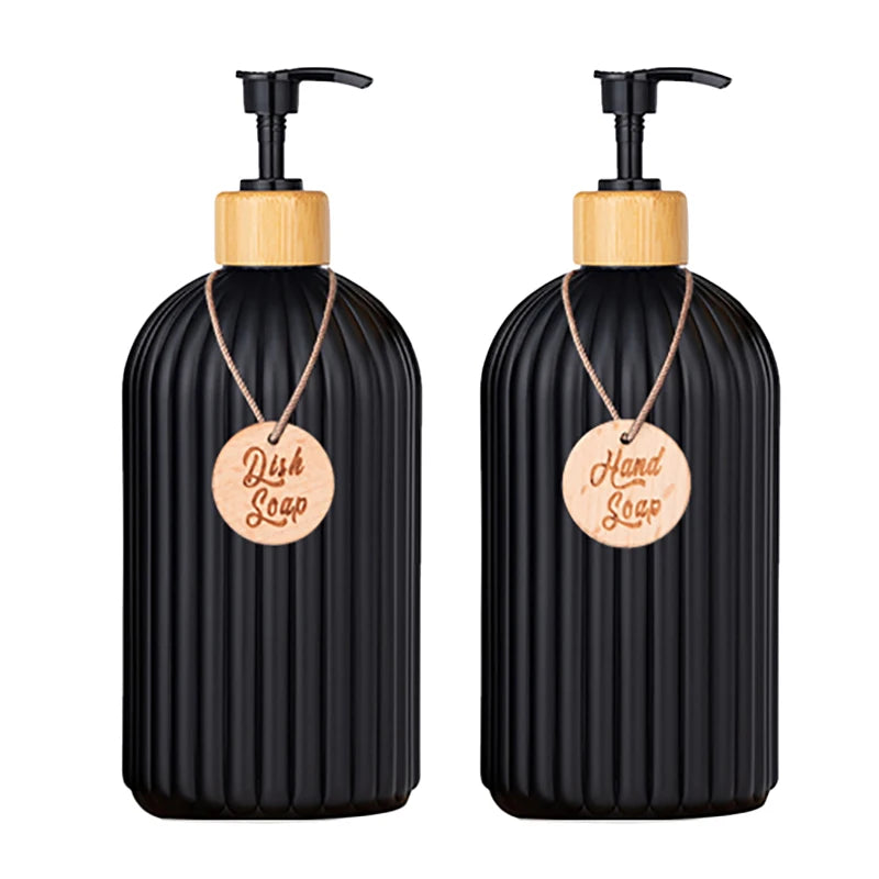 Strip Soap Dispenser with Bamboo Pump Refillable Shampoo Conditioner Hands and Dishes Soap Dispenser Bottle for Kitchen Bathroom Qme 2pcs black