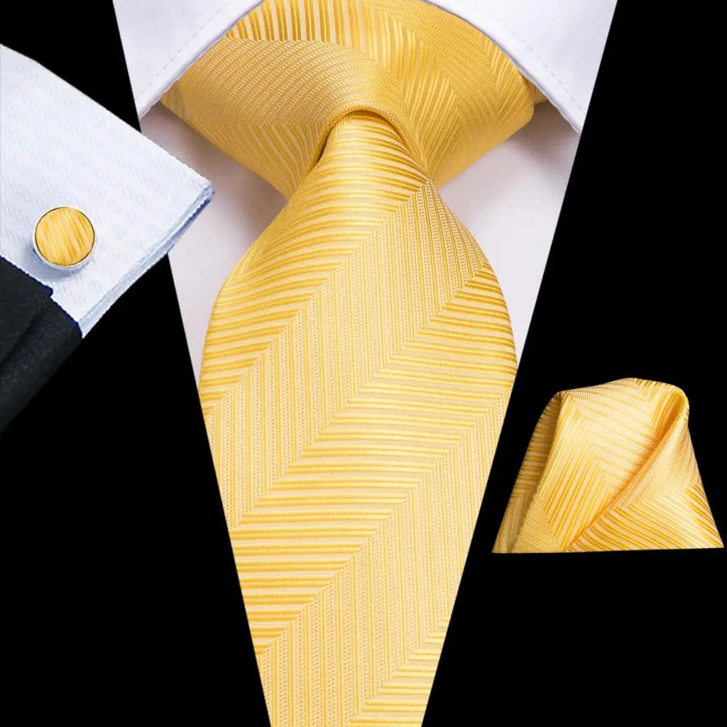 Solid Gold Yellow Ties Men Handky Cufflinks Fashion Men's Tie Wedding Qme 3177