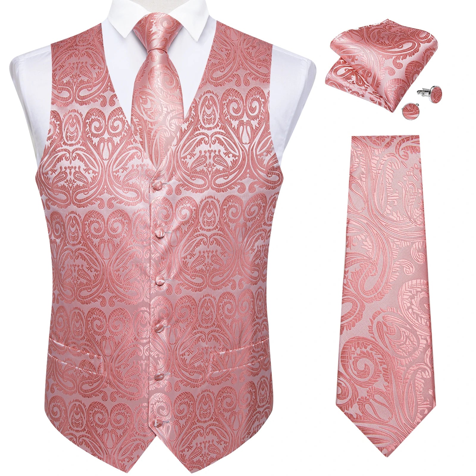 Men's Formal Suit Vest & Tie Set – Waistcoat with Necktie Pocket Square, Perfect for Weddings and Business Events Qme MJTZ0139 S