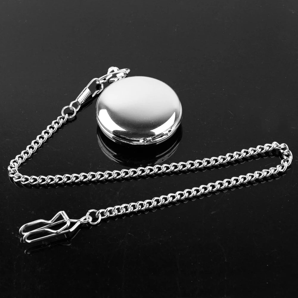 FOB Pocket Watch with Luxury Smooth Silver Pendant, Modern Analog Clock with Roman Numerals,Unisex Chain, Gift Qme