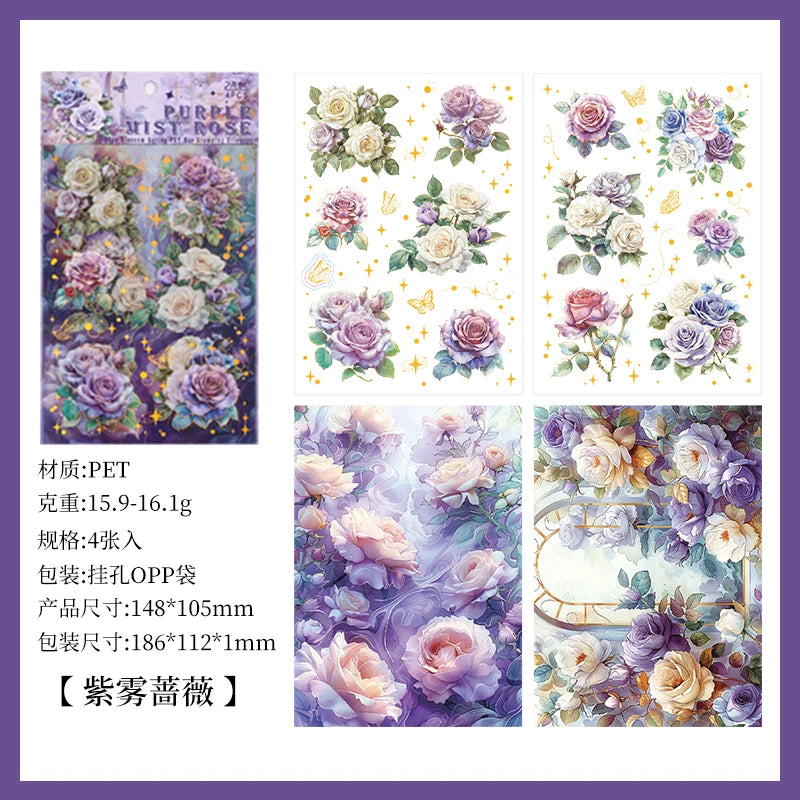 4pcs/pack Large size Aesthetic Flowers PET Stickers Shell Light DIY Scrapbooking Decor Stationery Collage Junk Journal Supplies Qme F