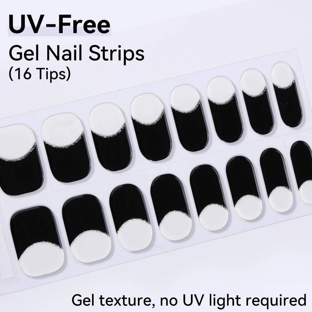 16Tips Pink Red French UV-Free Gel Nail Stickers Sparkly Shinning
