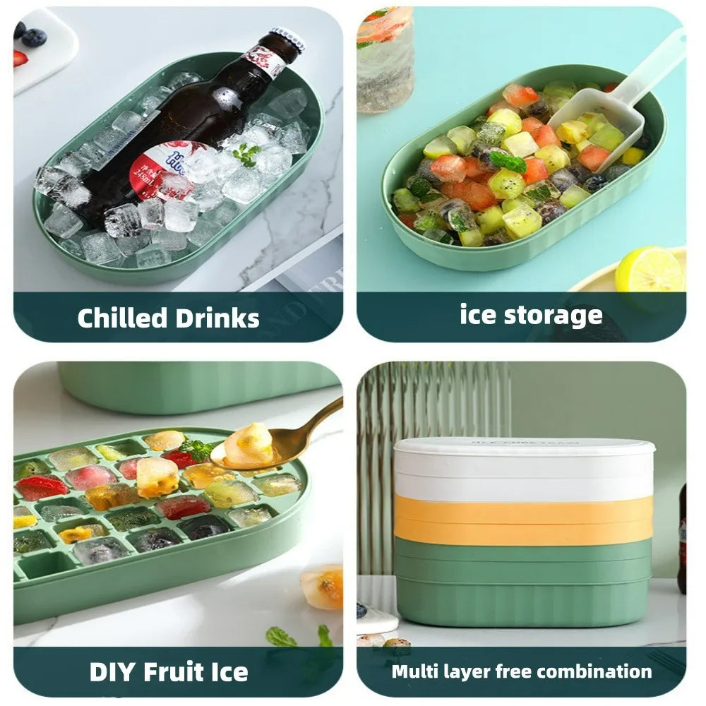 Press-type Ice Cube Mold Silicone Soft Bottom Large Capacity Ice Storage Box One Click Demolding DIY Stackable Covered Ice Maker Qme