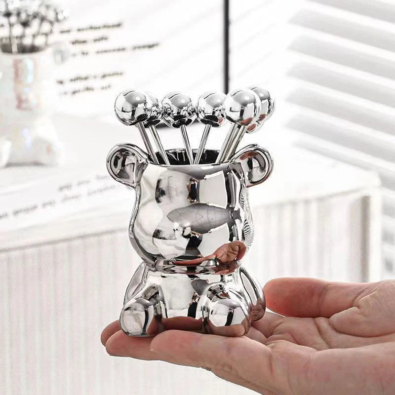 6Pcs Stainless Steel Dessert Forks With Storage Jar Cute Bear Utensils For Party Dessert Fruit Pickle Fruit Salad Tasting. Qme