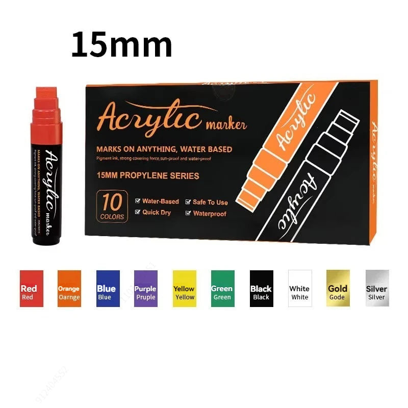 10/12 Colors Jumbo 15/10mm Acrylic Paint Marker Pen Set, Extra Broad Chisel Tips Rock Painting Graffitti POP Advertise Art Pens Qme 10 colors