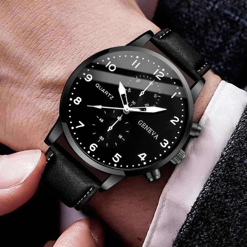 5Pcs Men Geneva Watch Bracelet Set Black Leather Chronograph Quartz Wristwatch Braided Leather Bead Believe Bracelets Jewelry Qme