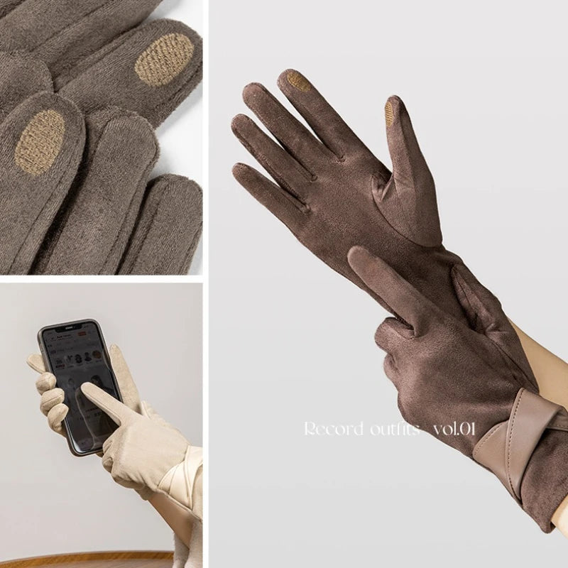 Women's Suede Cold-proof Warm Gloves Velvet Thickened Windproof Bow Qme