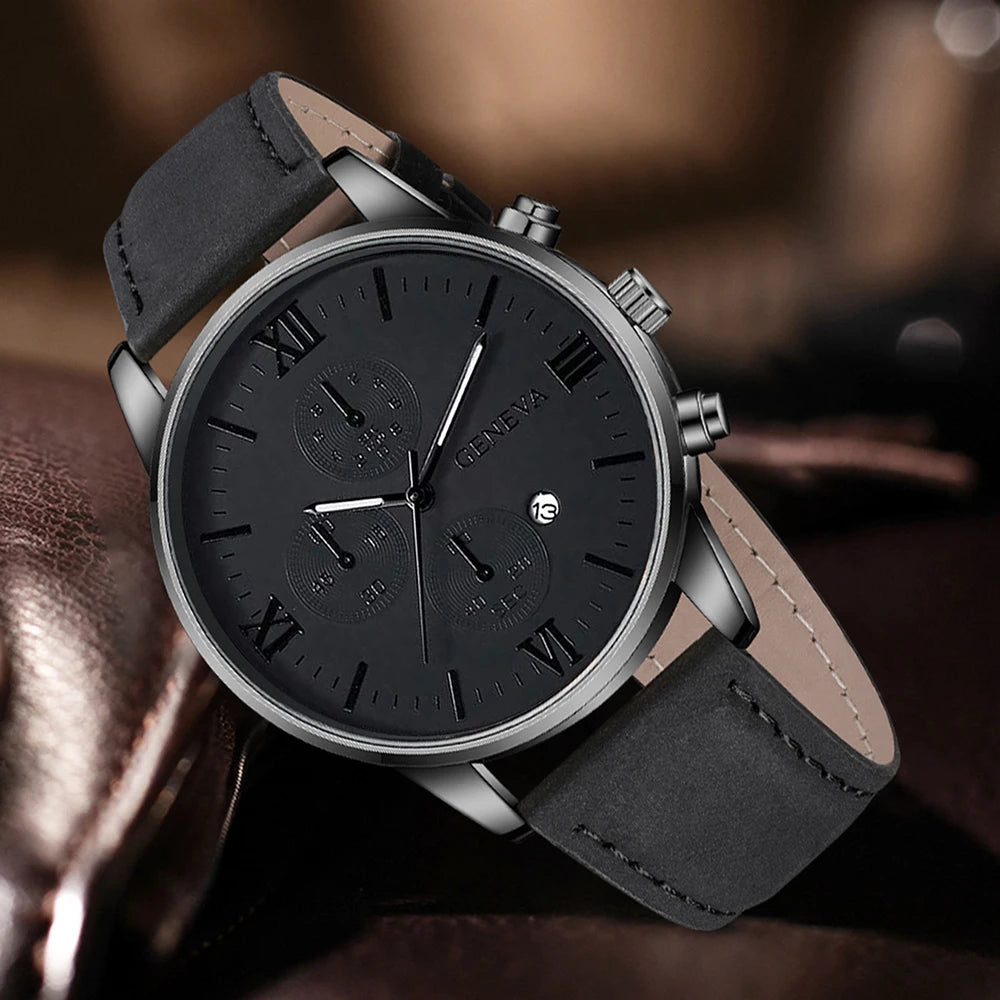 3PCS Black Men's Watch Set Business Trend Quartz Watch Bracelet Necklace Set Suitable for Daily Clothing Matching Perfect Gift Qme