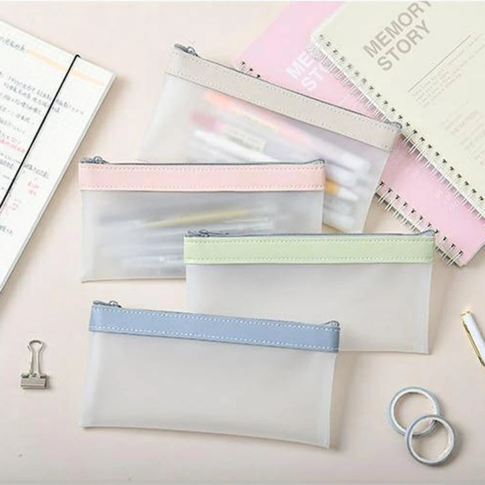 Frosted Transparent Pencil Case, High Appearance Waterproof Haze Blue Pink Pencil Box, Kawaii School Stationery Organizer Qme