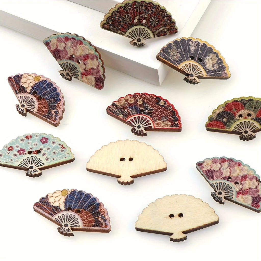 Vintage Fan-Shaped Wooden Buttons, Printed Wood Decorative Buttons For DIY Crafts Qme