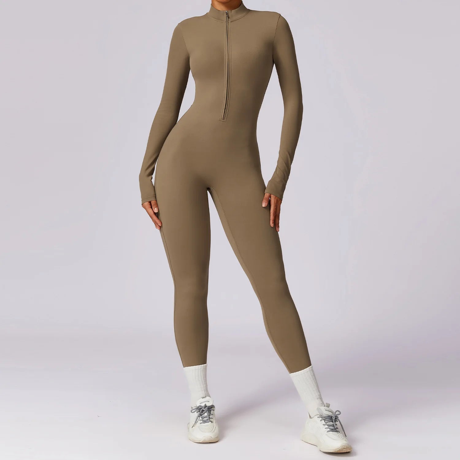 A Naked zipper short sleeved yoga suit jumpsuit, quick drying breathable outdoor sports tight fitting jumpsuit, fitness suit Qme M Camel palm