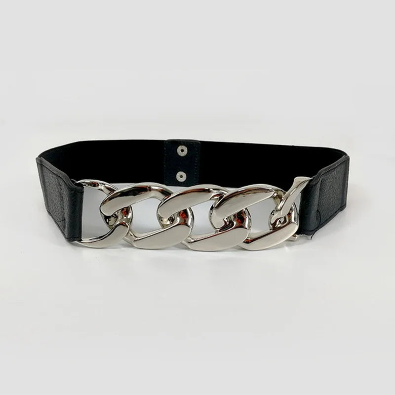 Elastic Wide Metal Chain Buckle Belt Lady Girls PU Leather Rivet Qme one size Silver
