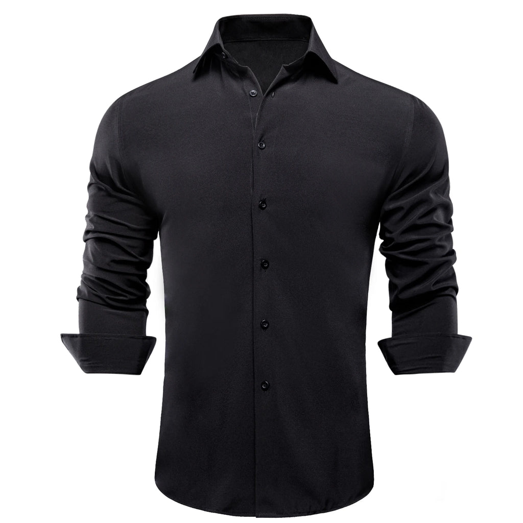 Hi-Tie Jacquard Solid Black Purple Mens Silk Shirt Long Sleeve Lapel Shirt Blouse Outerwear Wedding Office Breathable Quality Qme