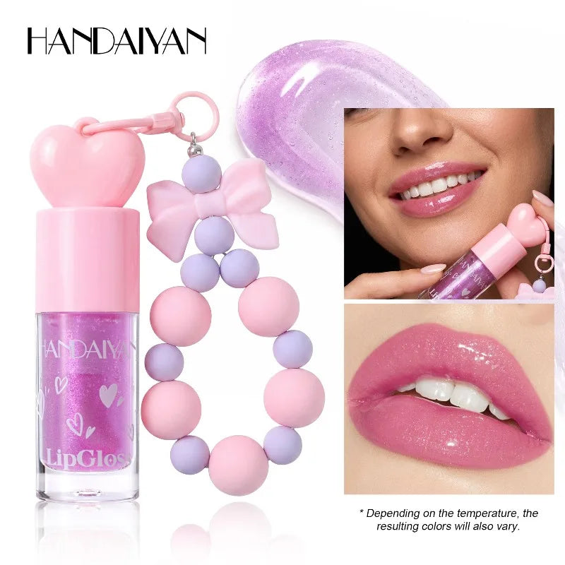 4 Colors Bowknot Bracelet Keychain Lip Oil, High Shine Hydrating Glitter LipGloss, Mirror Water Lip Glaze Non Sticky Lip Makeup Qme