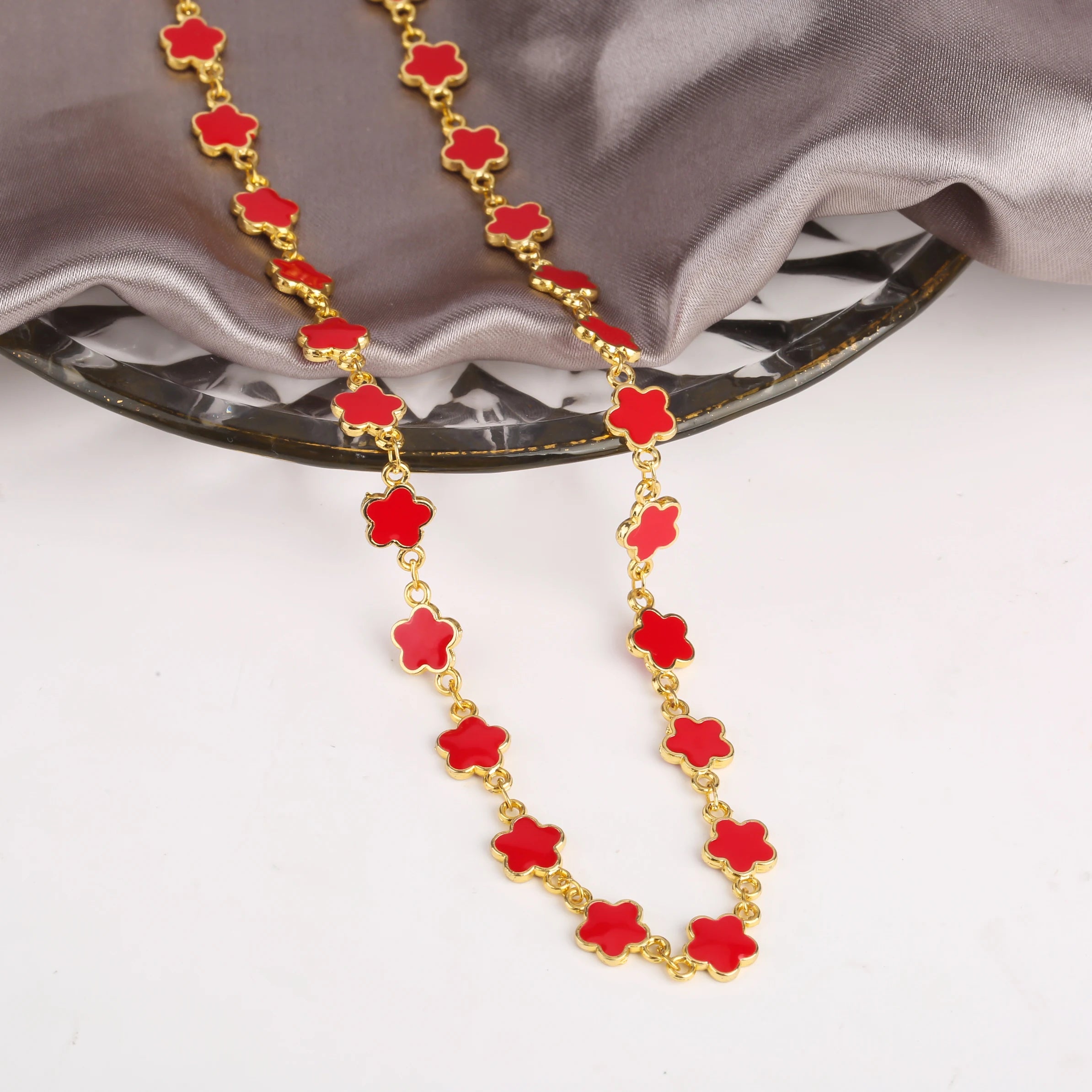 Classic 7 Color Copper Drip Oil Five-Leaf Flower Bracelet Necklace Pentagram Jewelry Set For Women Wedding Party Daily Wear Qme 8