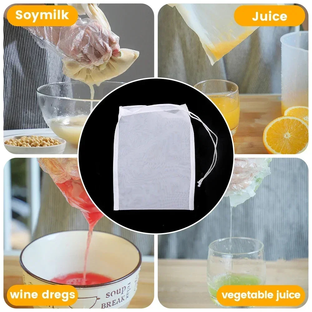 80Mesh Mesh Soy Milk Nylon Filter Bags Nut Yogurt Tea Coffee Oil Food Press Filter Strainers Large Kitchen Filters Bag Reusable Qme