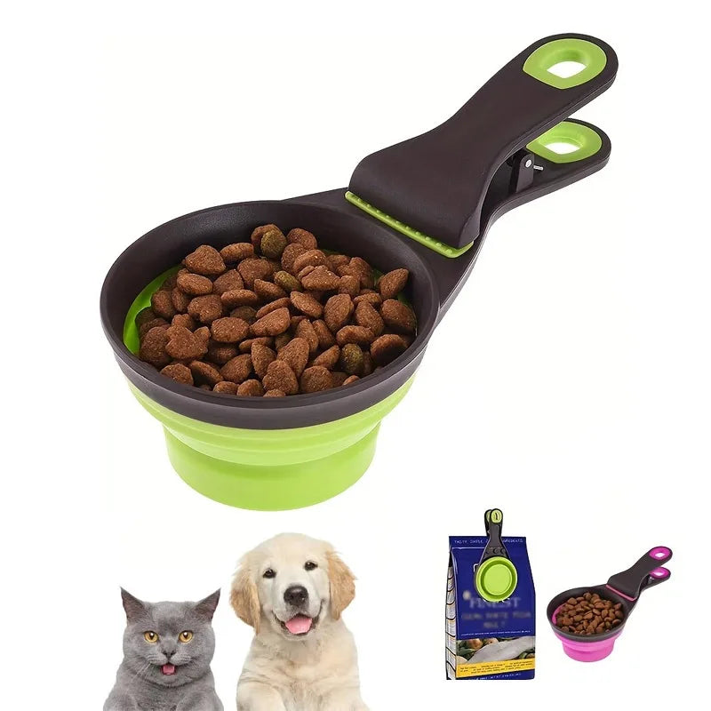 Pet food bag foldable dog food spoon clip, 3-in-1 multifunctional silicone food measuring cup spoon food storage clip Qme