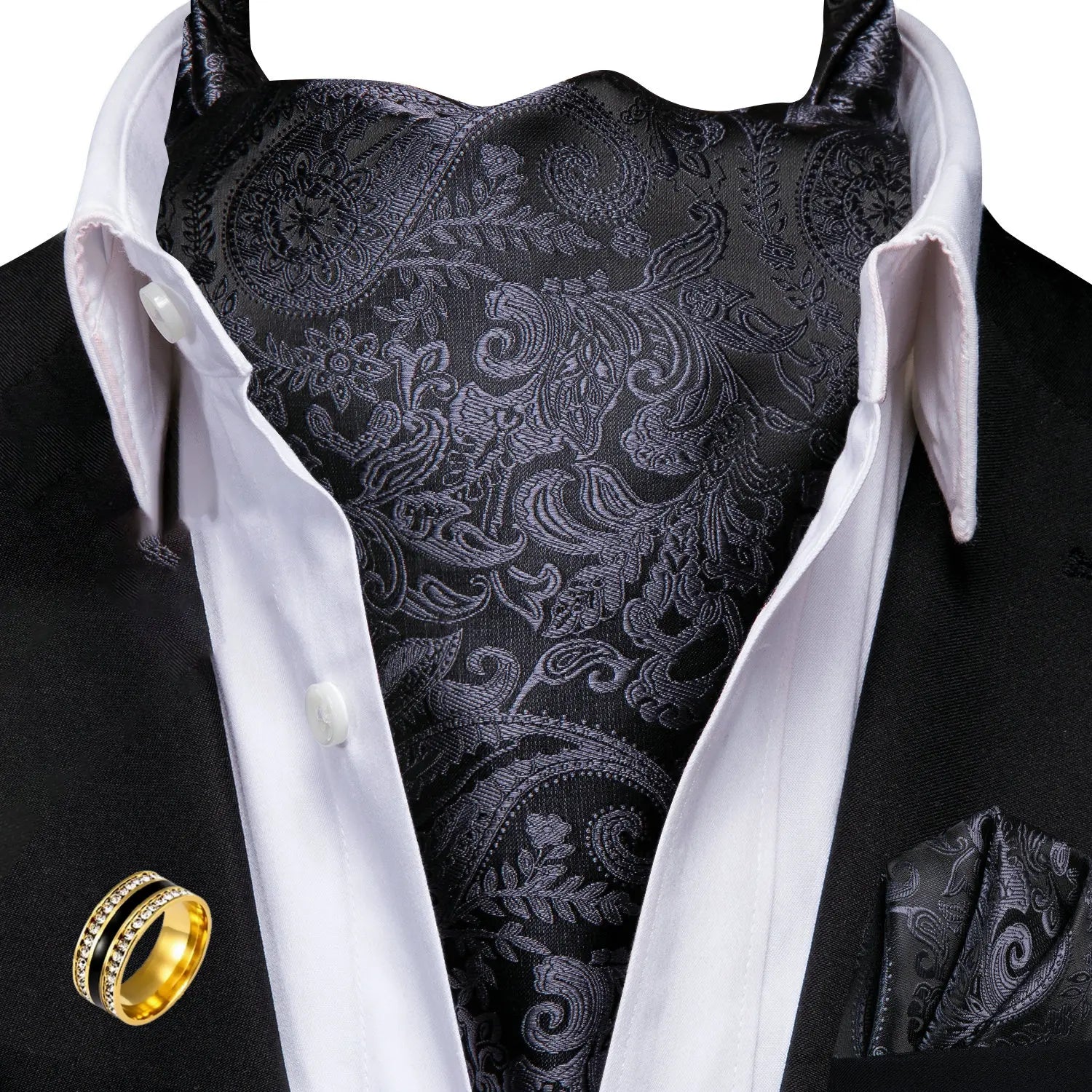 Ascot Tie Set, Classic Cravat with Pocket Square & Decorative Ring, Fashion Men's Neck Accessories Wedding Party silk Daily Wear Qme AS-1170-JZ0020