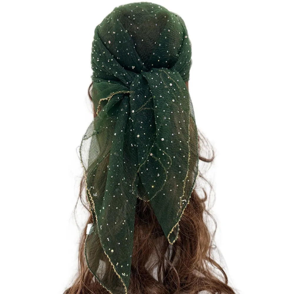 Sparkle Hotfix Rhinestone Square Scarf Sequin Thin Mesh Bandana Qme Green
