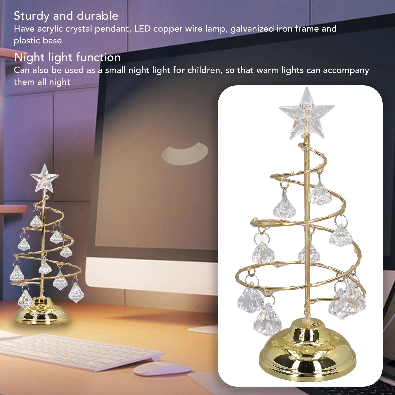 LED Lighted Crystal Christmas Tree Iron Art Tree Night Light Christmas Decoration Gift for Home Living Room Party Holiday Qme