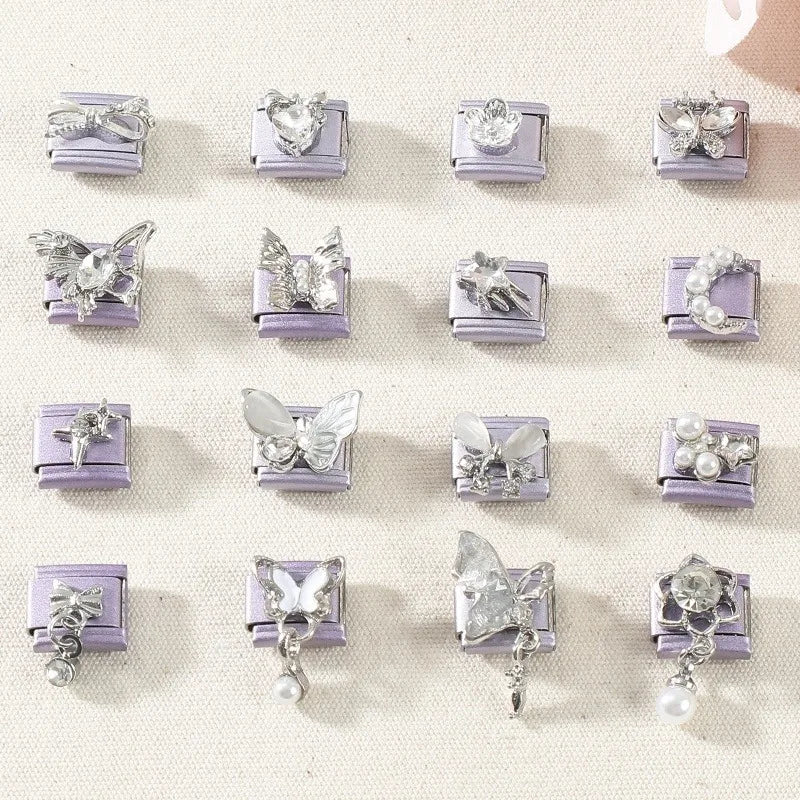 Shiny Zircon Butterfly Moon Stars Bow Purple Color Italian Charm Links Fit 9mm Stainless Steel Bracelet Women DIY Making Gift Qme