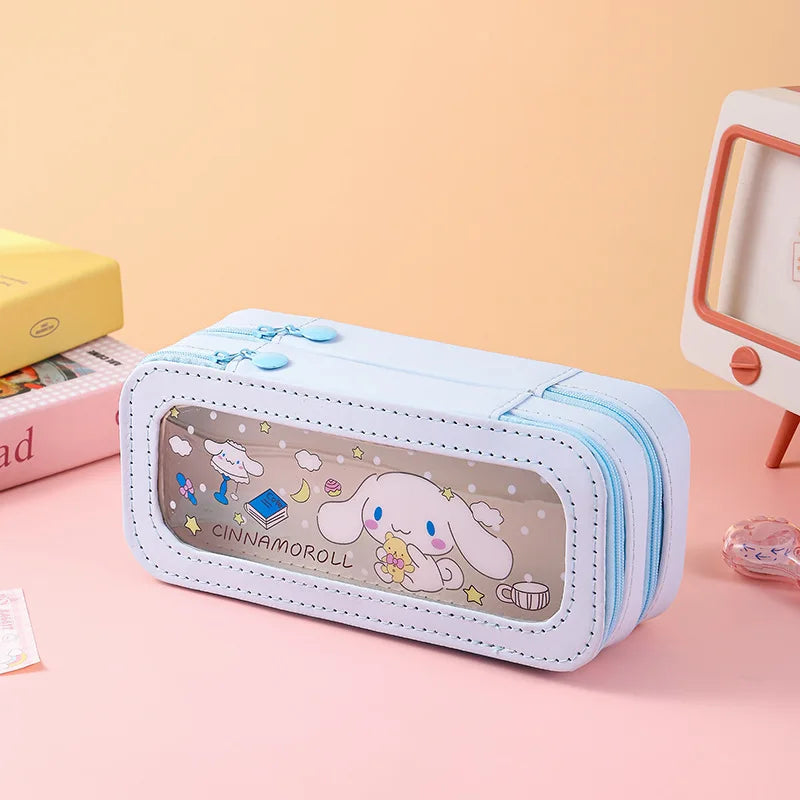Hello Kitty Kuromi Transparent Double-Layer Pencil Case with Window Large-Capacity, Stylish Pencil Case Student Pencil Case Qme 3