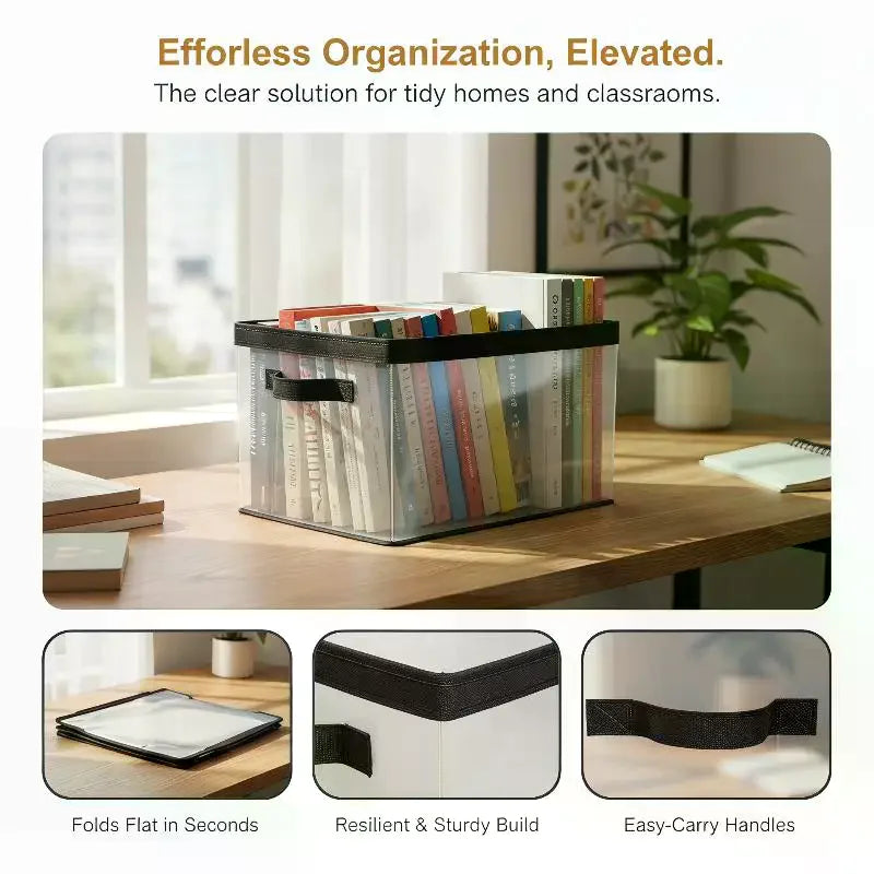 Transparent Plastic Book Storage Box Large Capacity Foldable Space-Saving Organizer For Home Office Storage Bookshelf Container Qme