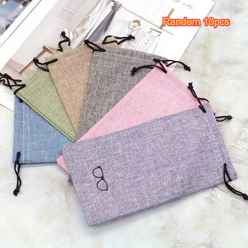 Drawstring Eyeglass Bag 10Pcs Linen Eyewear Bags - Soft Cloth, Drawstring, Portable Qme Random 10pcs