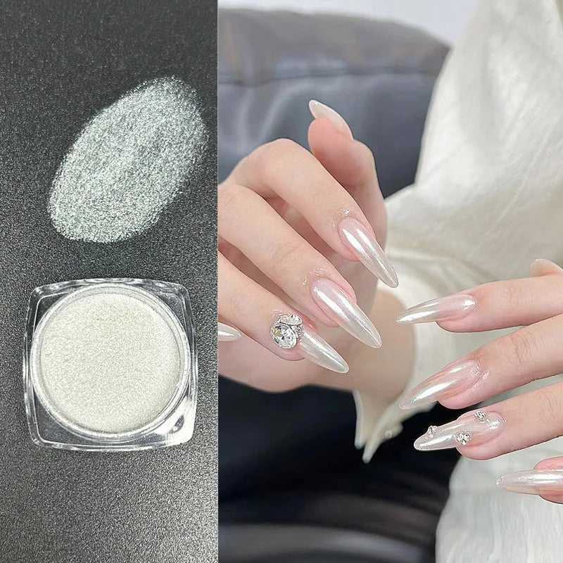 Icy Aurora Glitter Powder, Fairy Nail Glitter with Polarizing Shine, Transparent Holographic Mirror Glitter for Nail Art, 1g Qme Aurora White