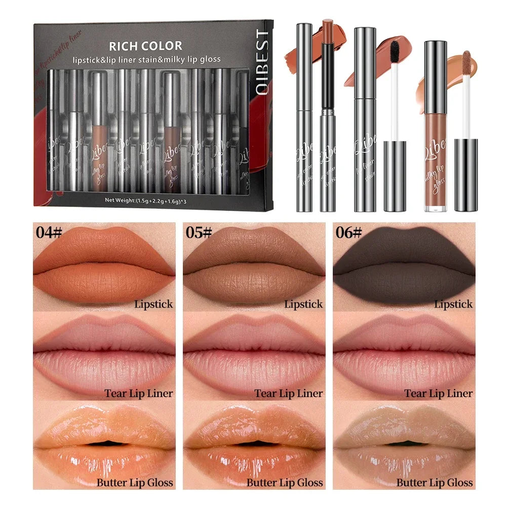 Qibest 9Pcs Lip Makeup Kits Matte Lipstick,Tear Off Lip Liner,water Lip Glaze,Nude Velvet Lip Stain Long Lasting Lip Cosmetics Qme SET B