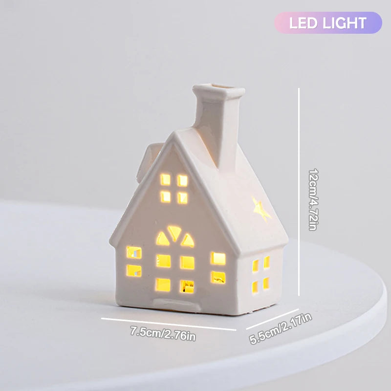Village House Light Up Decorations, White Ceramic House Decor With Lights, Light Up Winter Village Houses Qme B