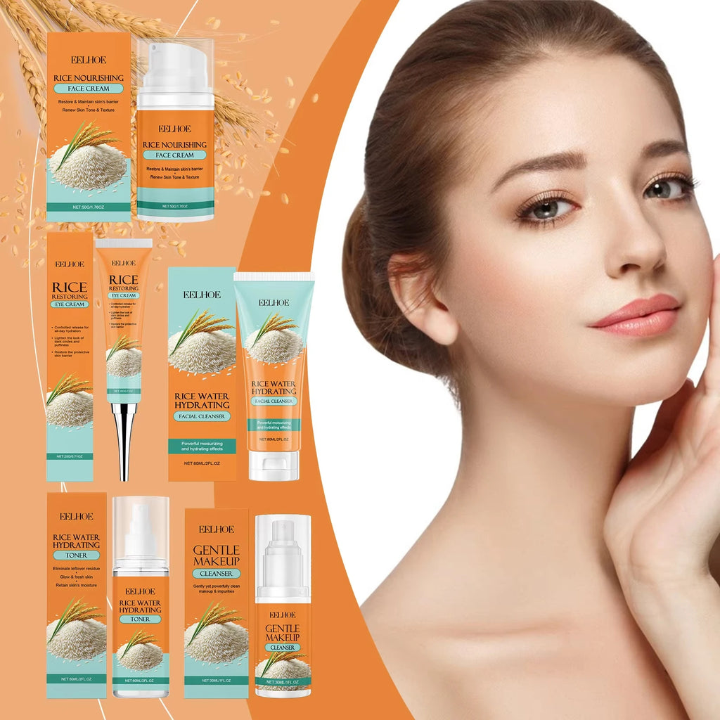 Rice Skincare Set 5 IN1 Gentle Brightening Makeup Remover Makeup Remover Toner Face Cream Eye Cream Moisturizing Glowing Skin Qme