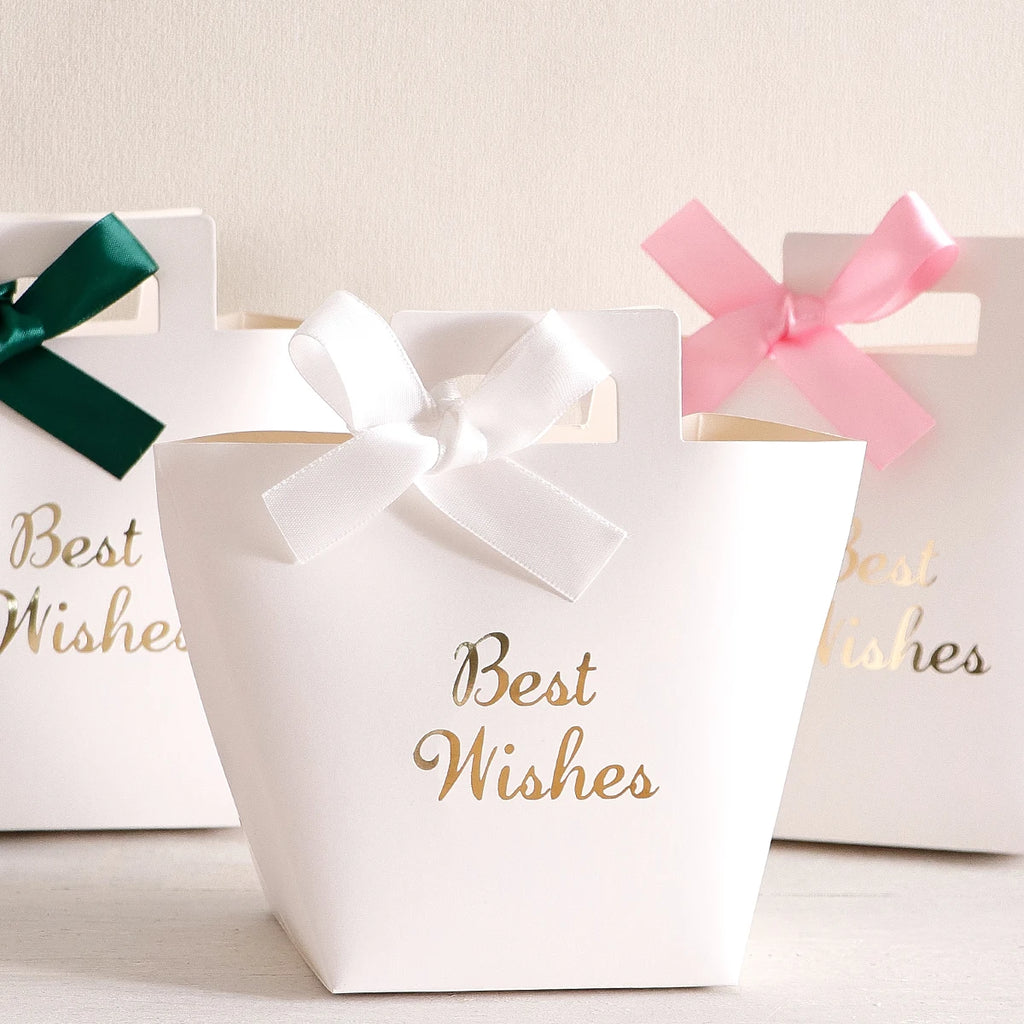 A Set of 5 Exquisite Mini Gift Boxes, Designed for Weddings, Decorated with Gold-Stamped "Best Wishes" and Ribbon Bows. Elegant and Refined, It Is the Perfect Choice for Weddings, Anniversaries, and Various Special Occasions. Qme