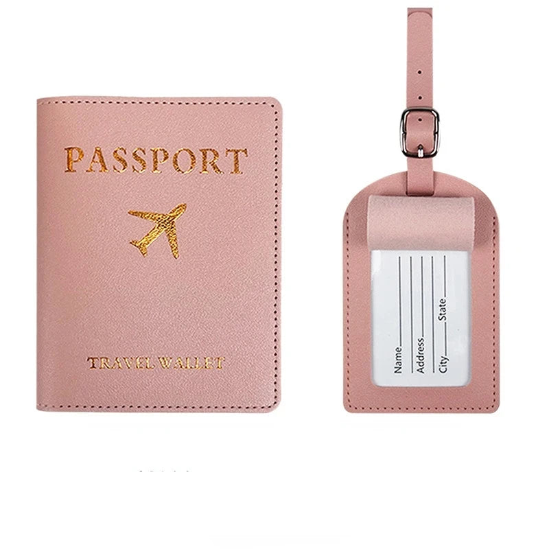PU Leather Luggage Tag Passport Holder Set Passport Protective Cover Travel Portable ID Credit Card Holder Travel Accessories Qme Pink