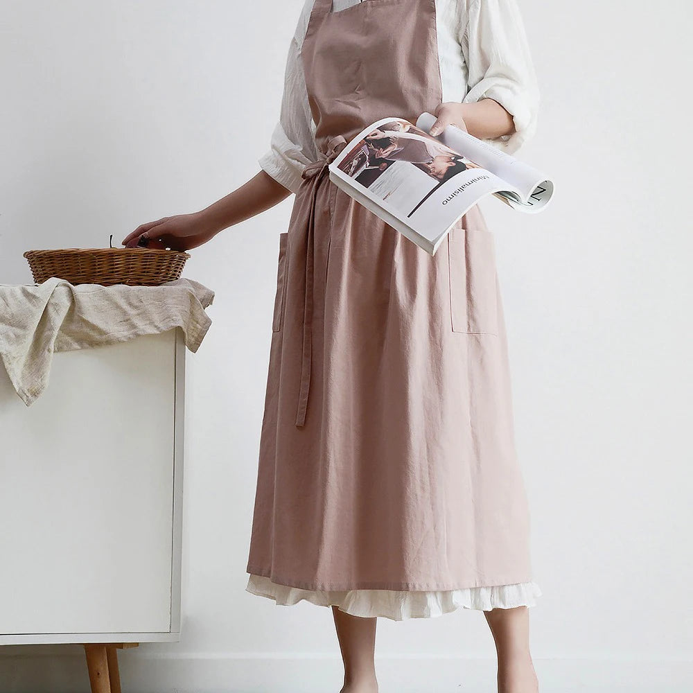 Jananese Summer Apron Art Long Home Baking Dessert Teacher Floral Painting Students Dress Apron For Woman Girl Kitchen Qme
