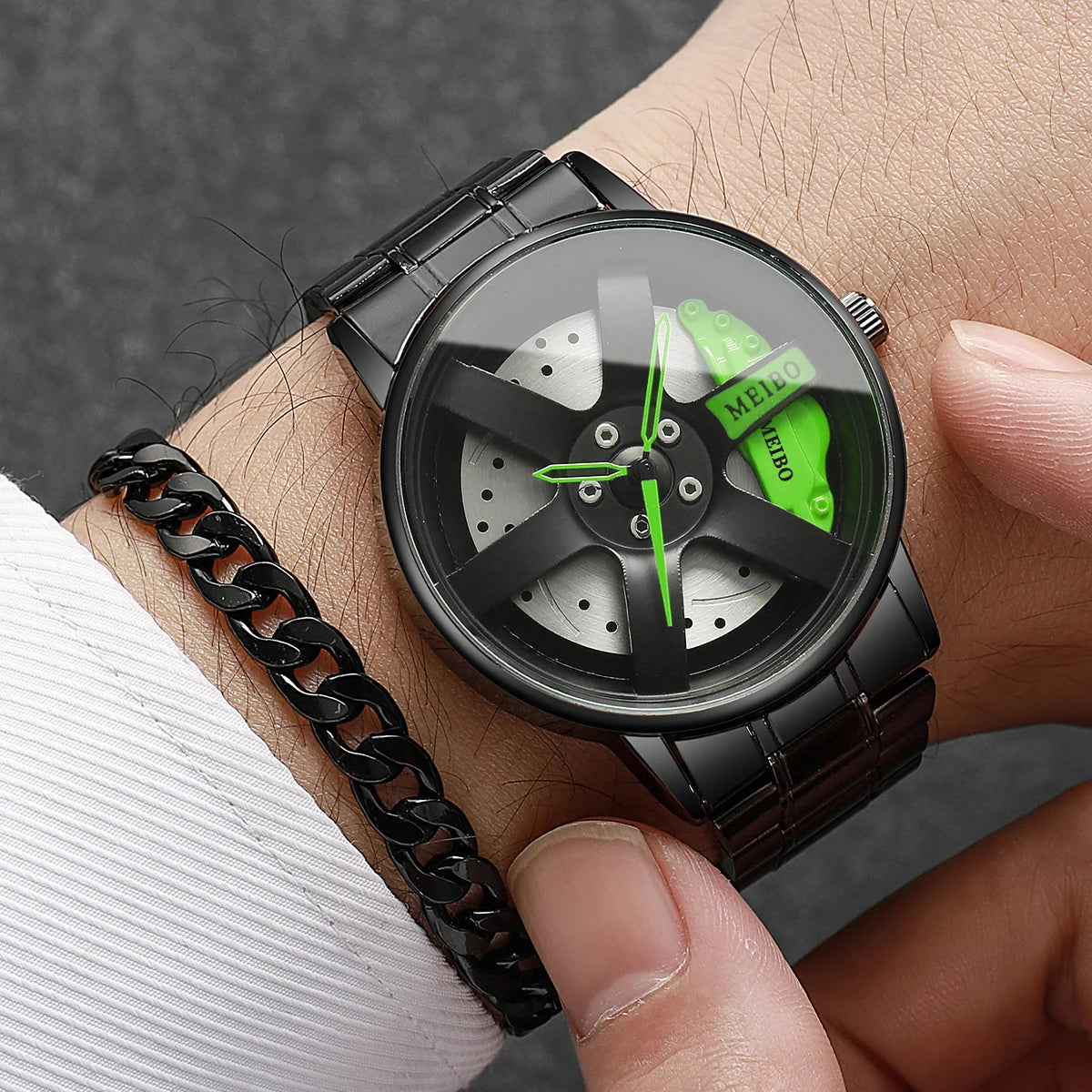 2pcs men's fashion sports watch 3D wheel strap with stainless steel men's watch quartz watch strap set (no box) Qme