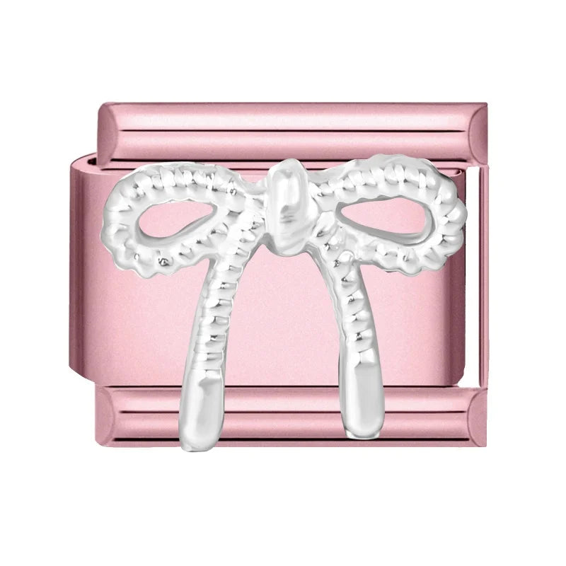 2025 New Sweet Zircon Bright Flowers Heart Bows Pink DIY Making Bracelet Women Men Stainless Steel 9mm Italian Charm Links Fit Qme Style 23