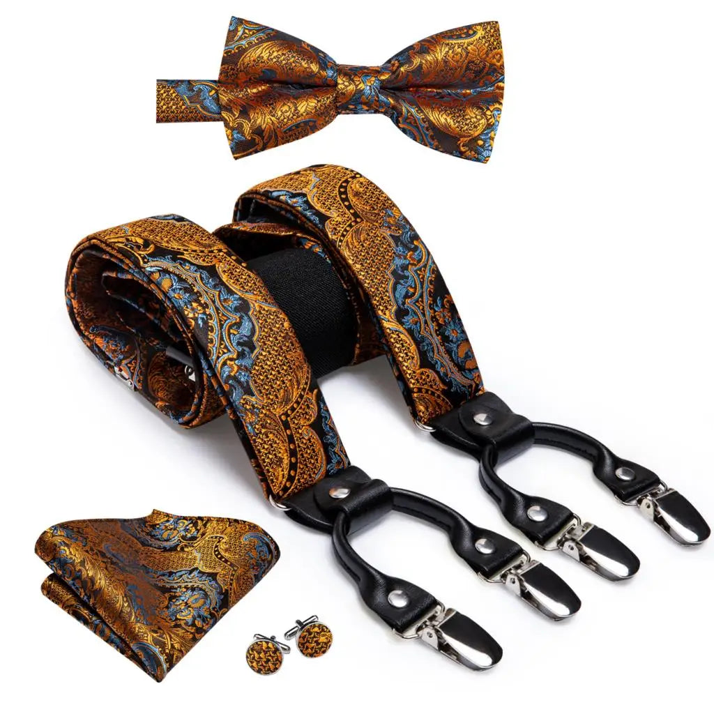 Hi-tie Jacquard Woven Silk Gold Mens Suspender Braces Bow Tie Hanky Qme BD-3037