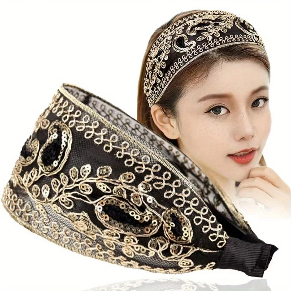 Boho Paisley Embroidered Headband For Women, Non-slip Sequin Lace Hair Band For Daily & Party Qme
