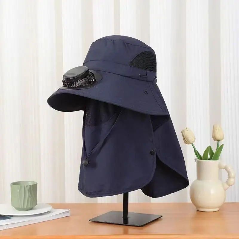 Men Fan Hat Solar Panel Wide-brimmed Shawl Fishing USB Charging Qme navy blue