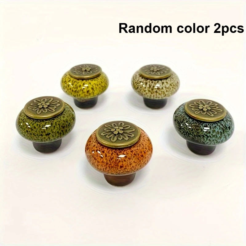 Colorful Leopard Print Glass Round Single Hole Ceramic Cabinet Knobs with Installation Hardware Qme Random color 2pcs