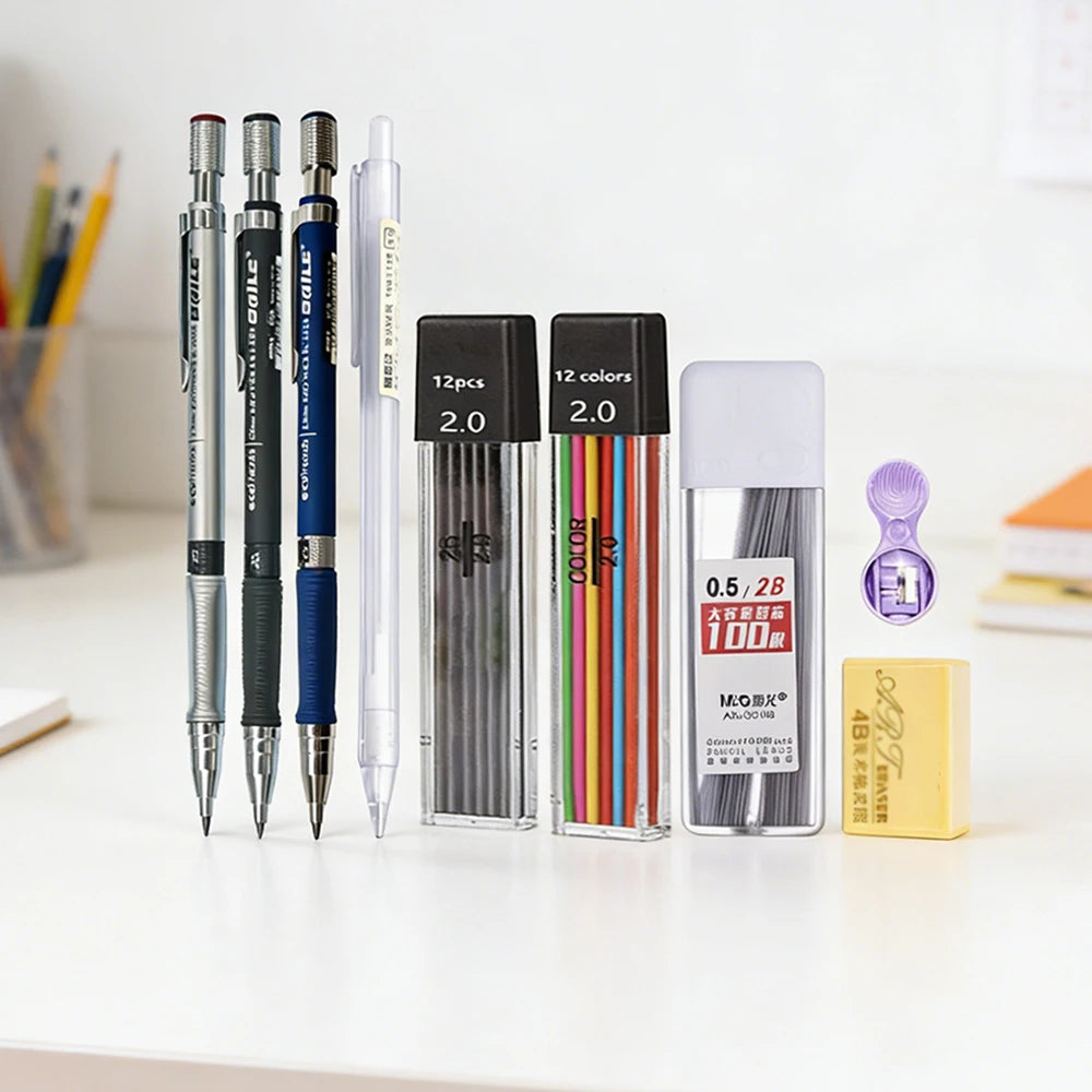 Mechanical Pencil Set 2.0 mm with 2B Black/Colors Lead Refill For Writing Sketching Art Drawing Painting School Automatic Pencil Qme
