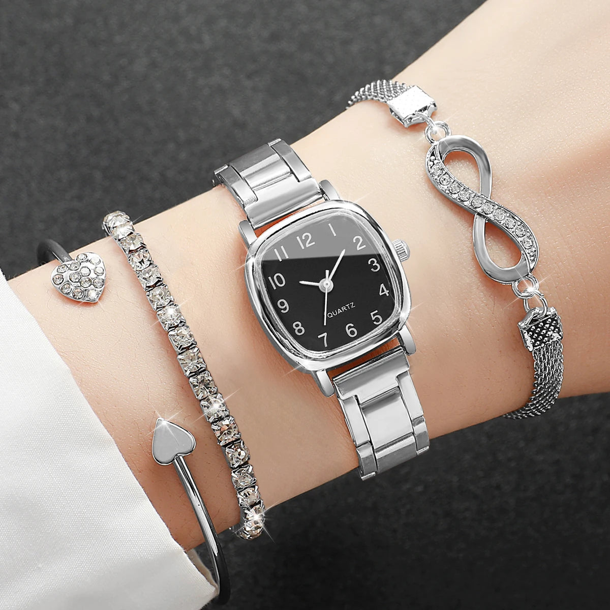 4 In 1 Women Wrist Set Square Quartz Watch Heart Bangle Infinity Rhinestone Bracelet Stackable Daily Female Wrist Accessory Gift Qme Black Set No Box