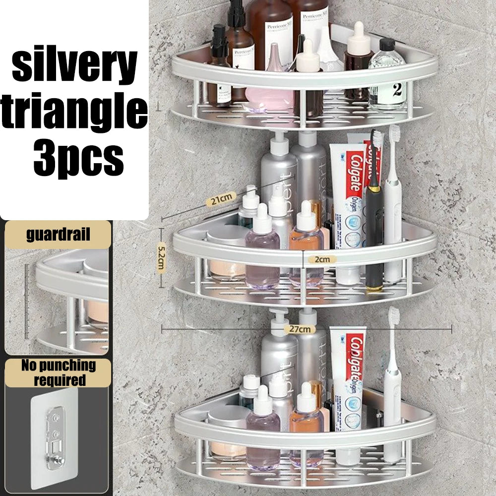 Wall Hanging Corner Rectangular Rack Bathroom Shelf Towel Rack Shelves Wall Shower Shampoo Rack No Drill Shelf Tripod Qme Silver-A-3PCS